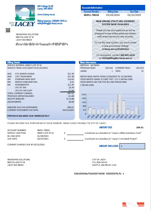 USA Washington City of Lacey water business utility bill template in Word and PDF formats (proof of address)